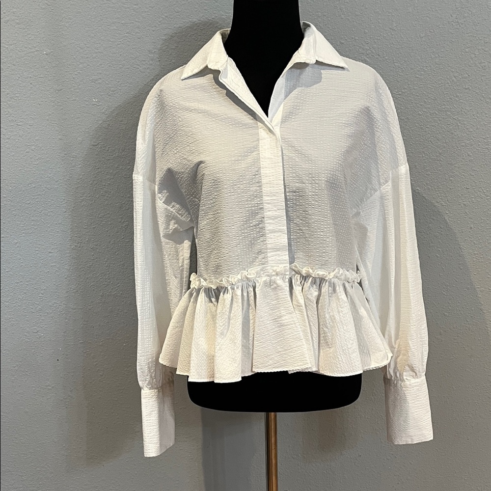 MSGM White Textured Blouse with Ruffle Hem